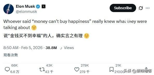 马斯克看了看自己的大儿子，不，是看了看自己的大女儿，很痛苦地说，金钱买不到幸福！