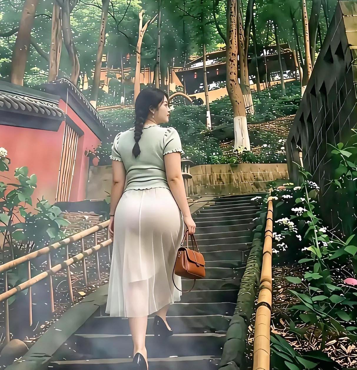 苔痕上阶绿，草色入帘青。
一位身姿曼妙，编着麻花辫的女人，上半身穿着浅绿上衣，下