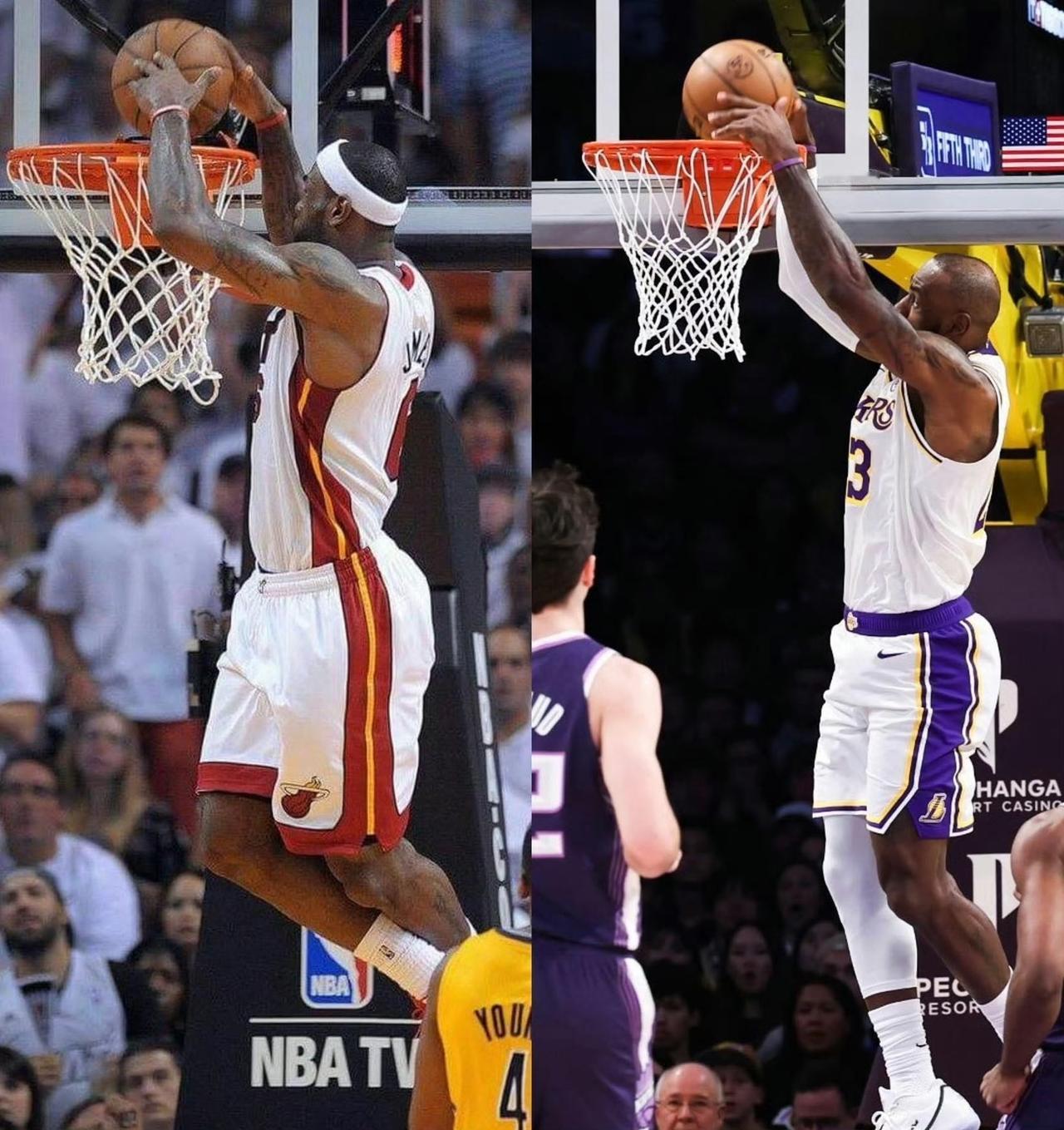 詹姆斯确实老了！
刚刚过完41岁生日！
看下图，詹姆斯年轻的时候和现在的扣篮高度