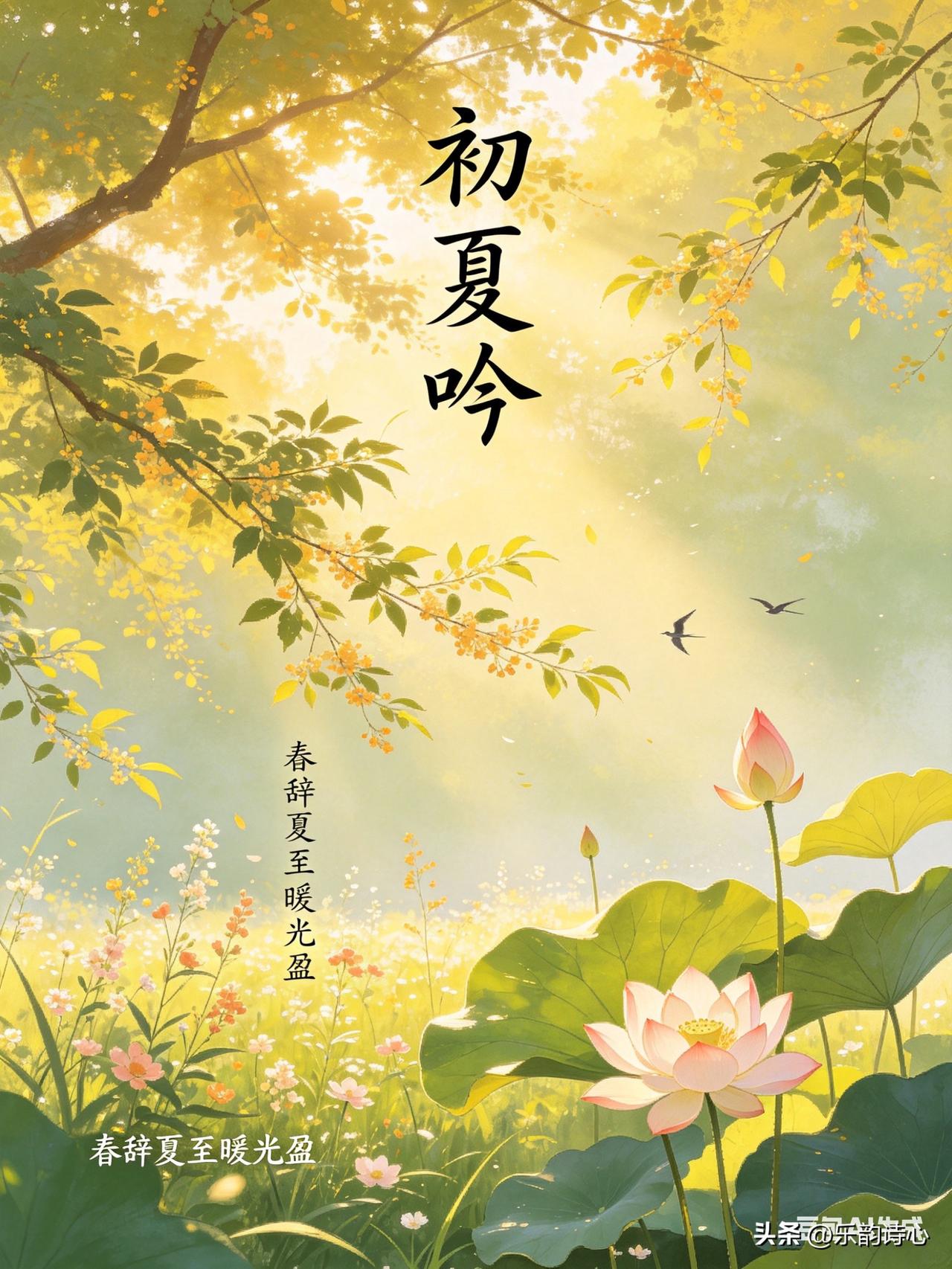 《初夏吟》乐韵诗心原创诗词:
春辞夏至暖光盈，
叶舞荷娇映水清。
麦浪田畴农梦绕