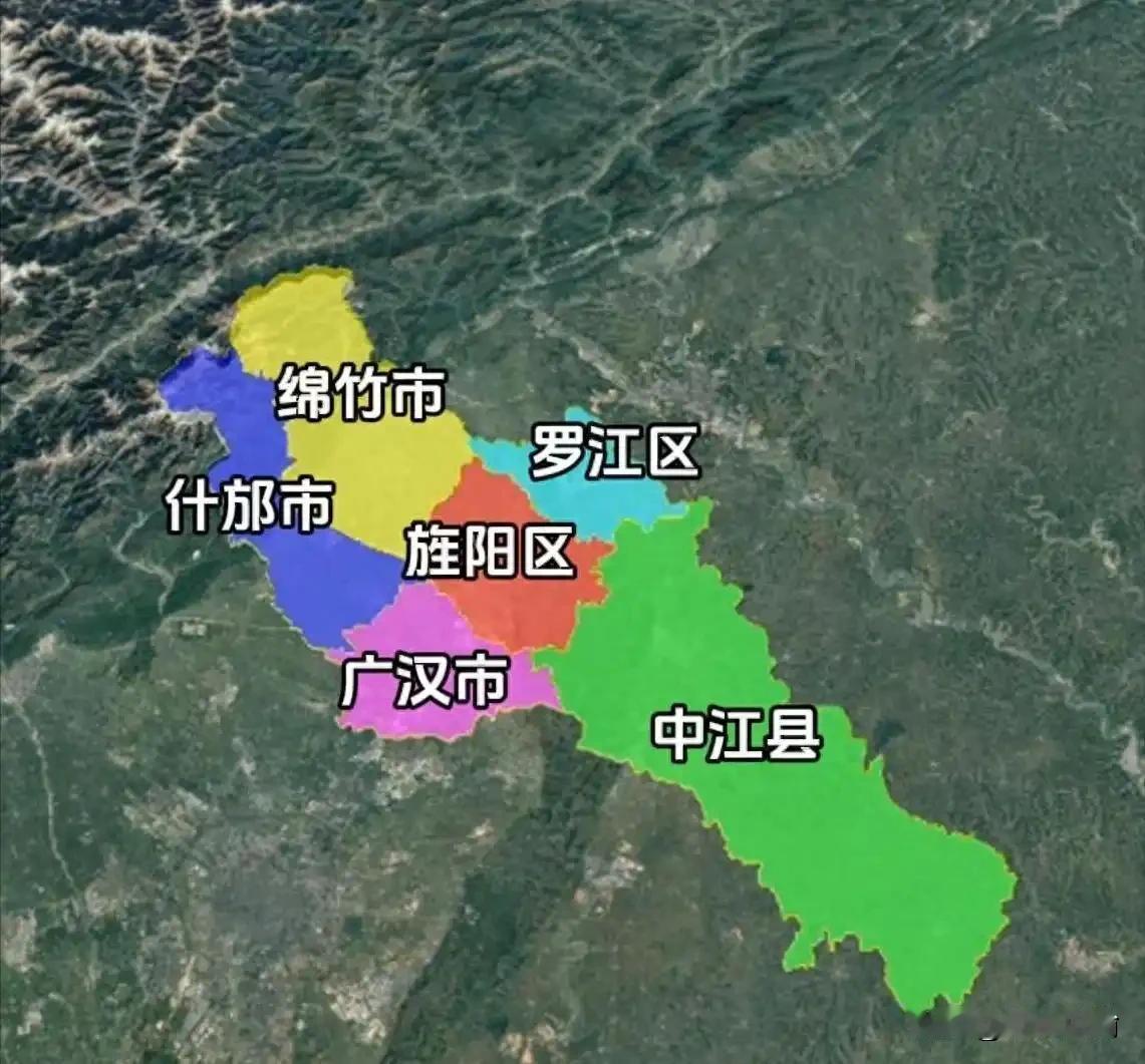 中江县确实很大，几乎就占了德阳的半壁江山

细看一下，德阳的面积虽然不大，但布局