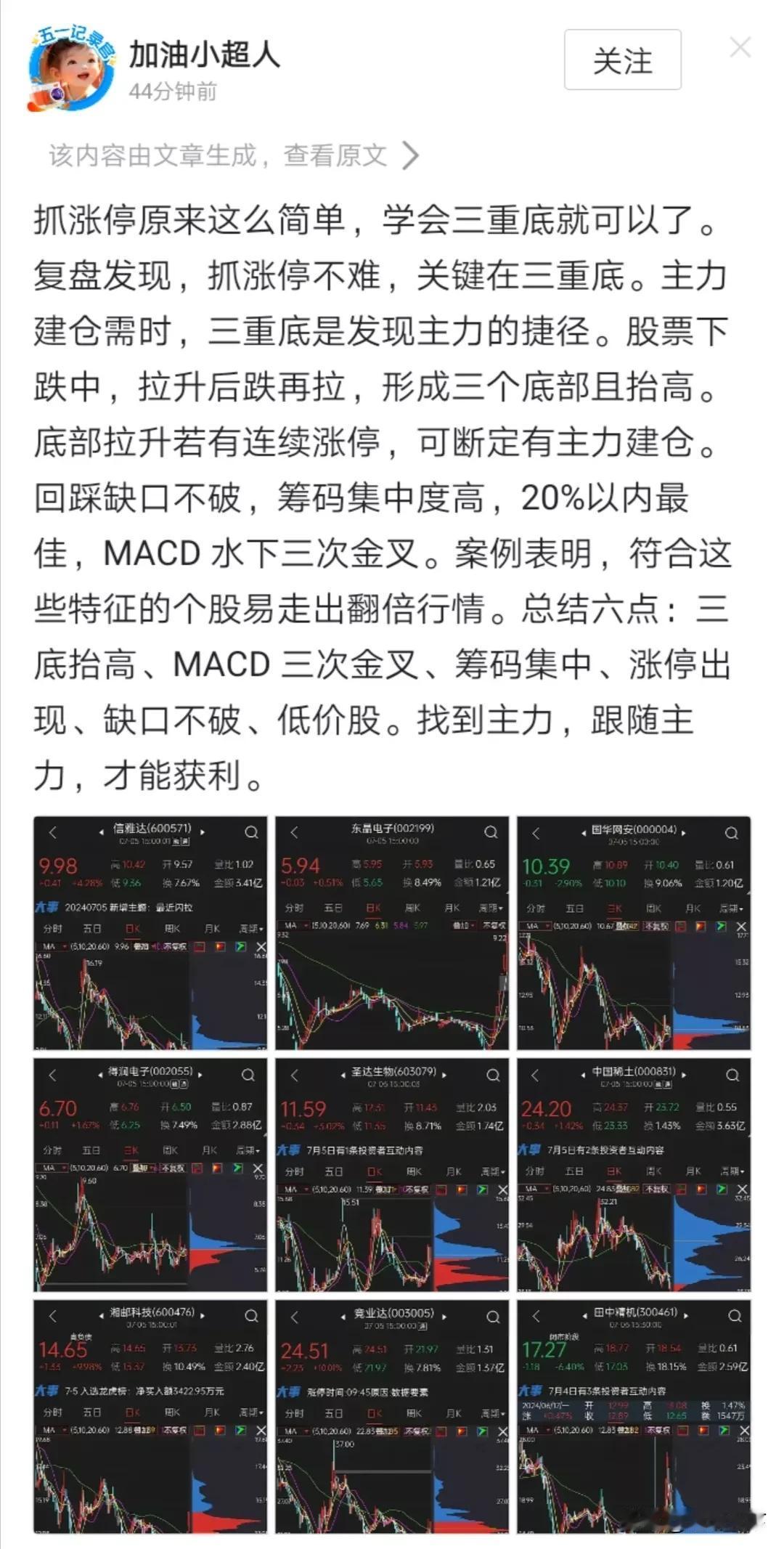 寻找主力踪迹
图中文章所说的按照寻找三重底的方式来找到主力是对的。
三重底之后，