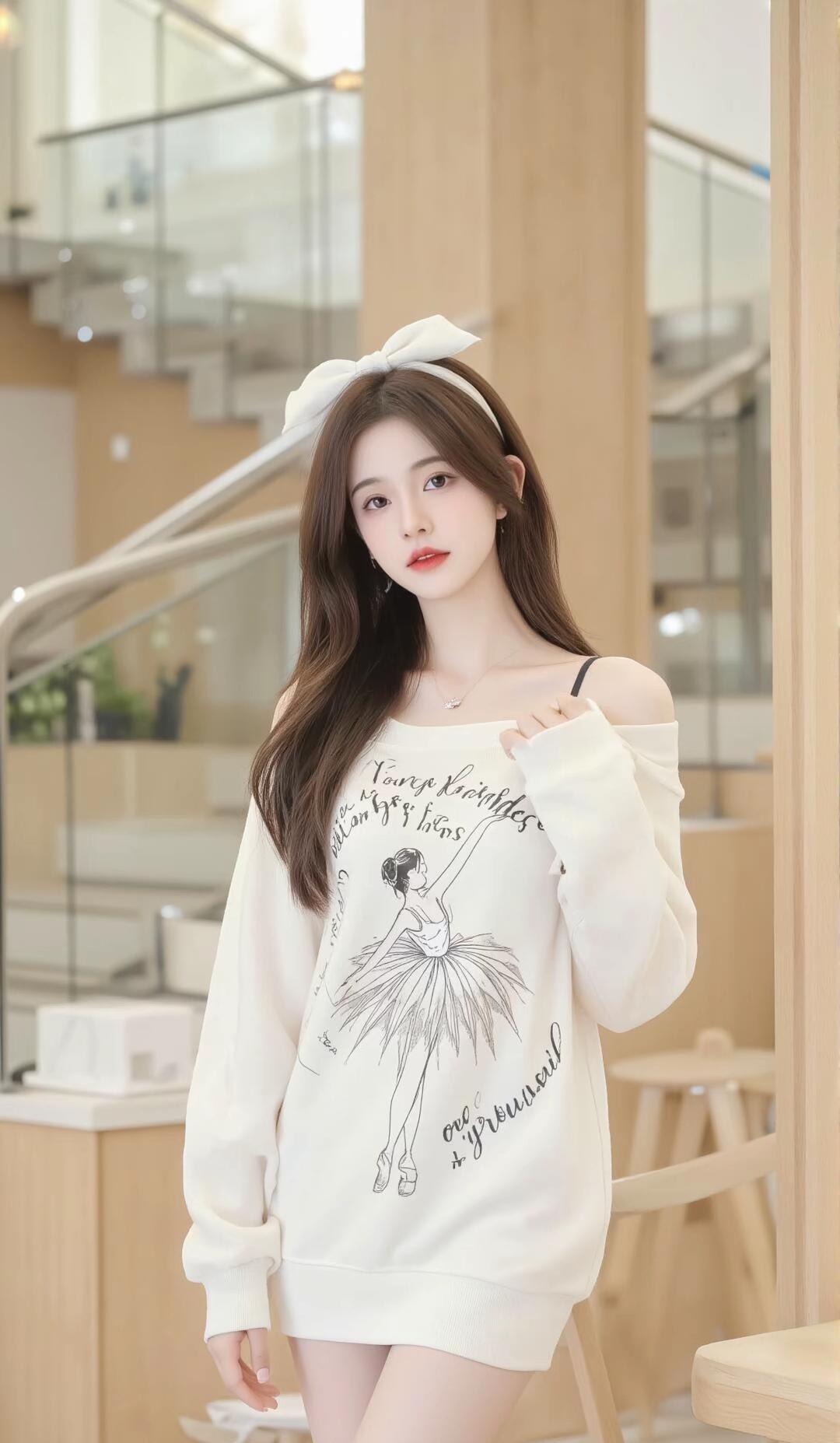 甜美少女风，白色蝴蝶结发带，复古印花卫衣，元气满满！💖👗👠
轻软时光里的蝴