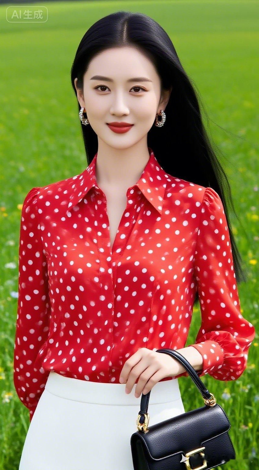 红白相间的波点衬衫，搭配白色高腰裙，优雅又时尚！