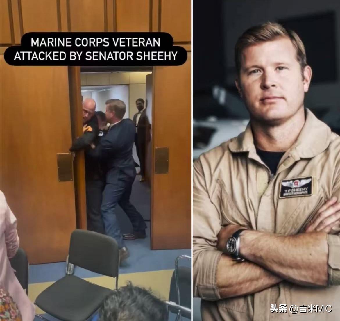 在参议院听证会上，海军陆战队退伍老兵布莱恩·麦金尼斯身着军装，高声抗议美国对伊朗