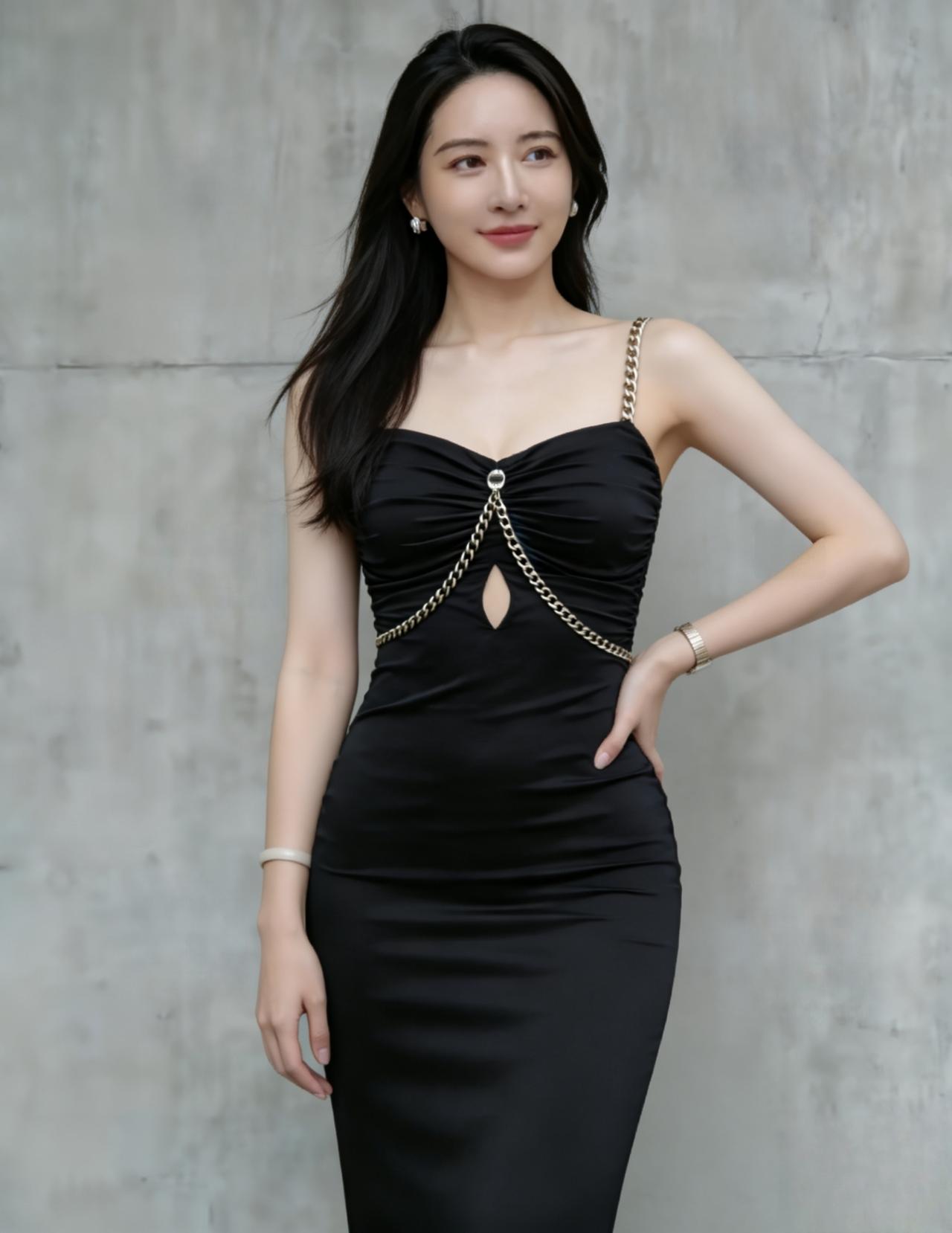 精致的黑色吊带裙，细节很有设计感，轻奢感与利落感。
褶皱+金属链装饰与镂空，微微