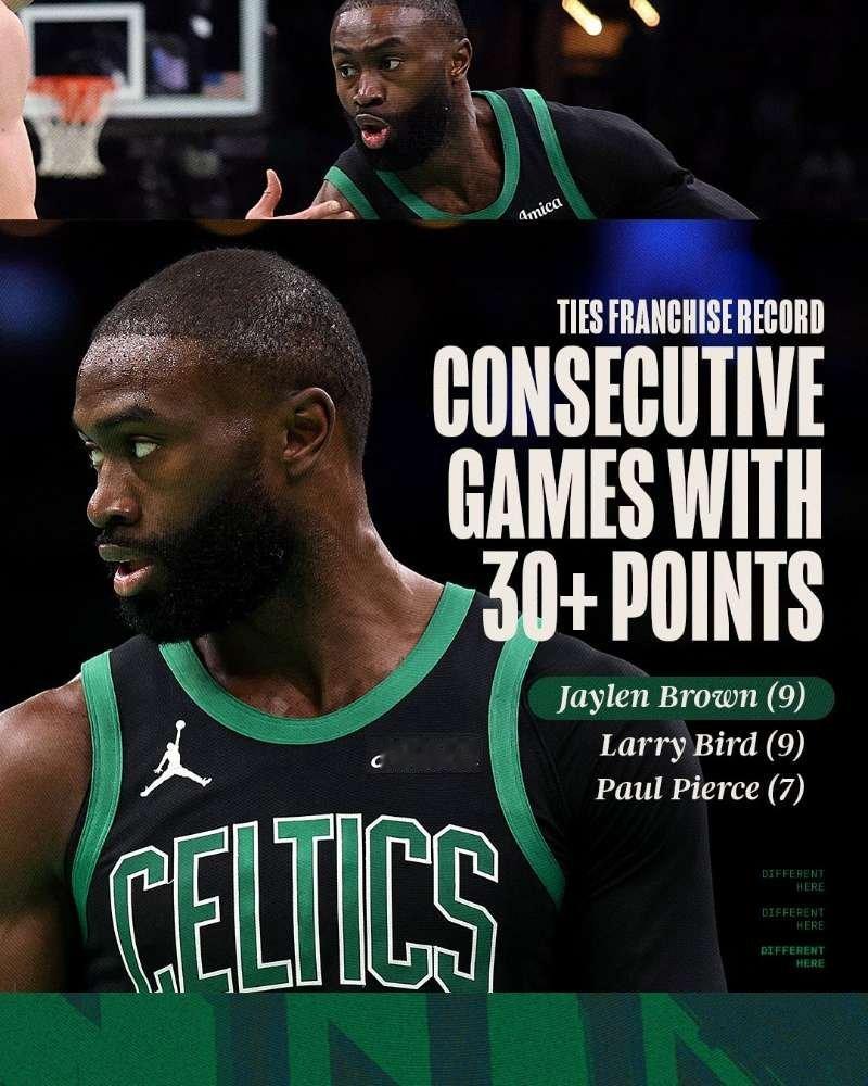 凯尔特人vs开拓者凯尔特人官方晒出统计，杰伦连续9场比赛砍下30+，追平拉里-伯