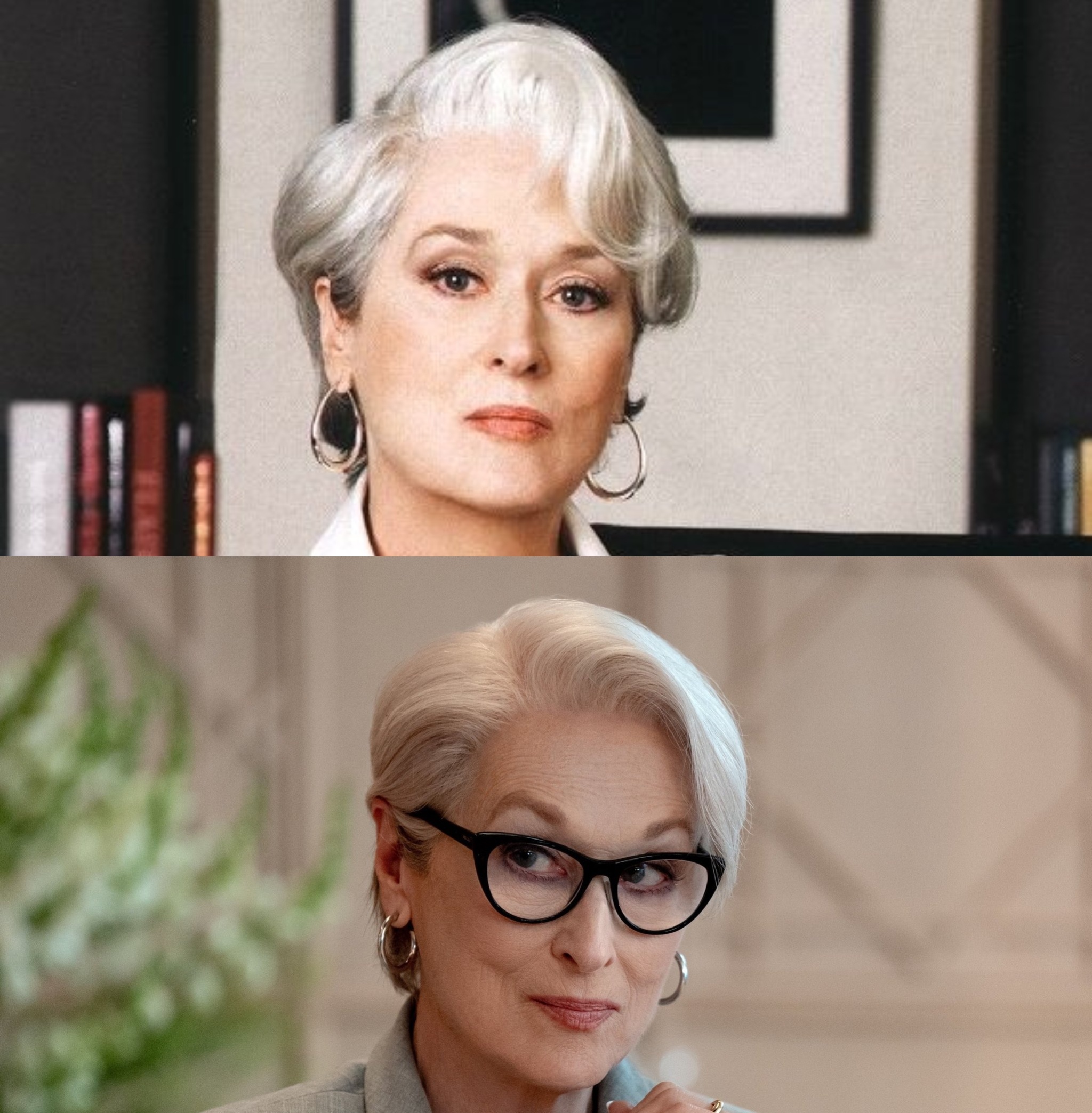 普拉达2化妆师我真的是 把梅丽尔眉毛吊起来太可怕了 图1是同期时间 剧组放假参加