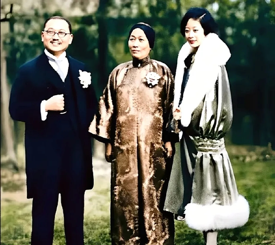 1928年 ，新婚不久的宋子文妻子张乐怡与婆婆倪桂珍以及姐夫孔祥熙的留影。 