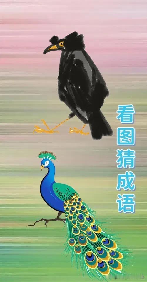 一只乌鸦 一只孔雀，打一成语—————
友友们图中有只乌鸦和一只孔雀，这道题目可