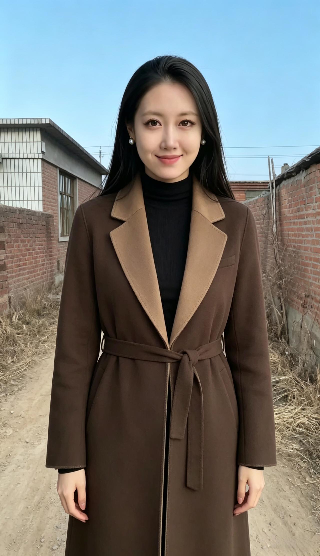 枯草丛生旧砖墙，西天残照染余光。
长裾束带风姿稳，黑发轻垂眉眼长。
心自静，味生