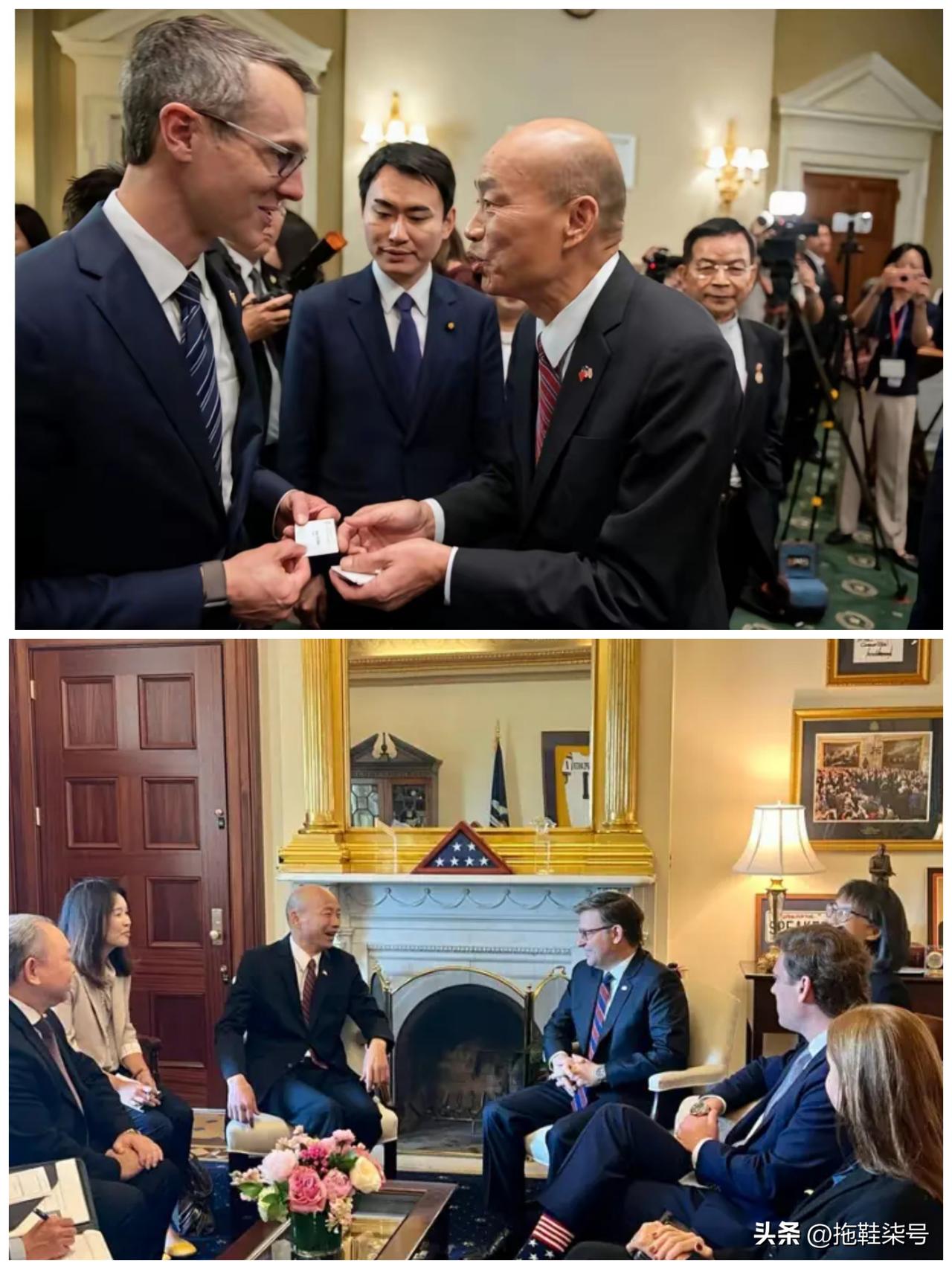 可笑至极！韩国瑜窜访美国见了一些人，拍了几张照片。返台之后，台媒一句：“交谈时，