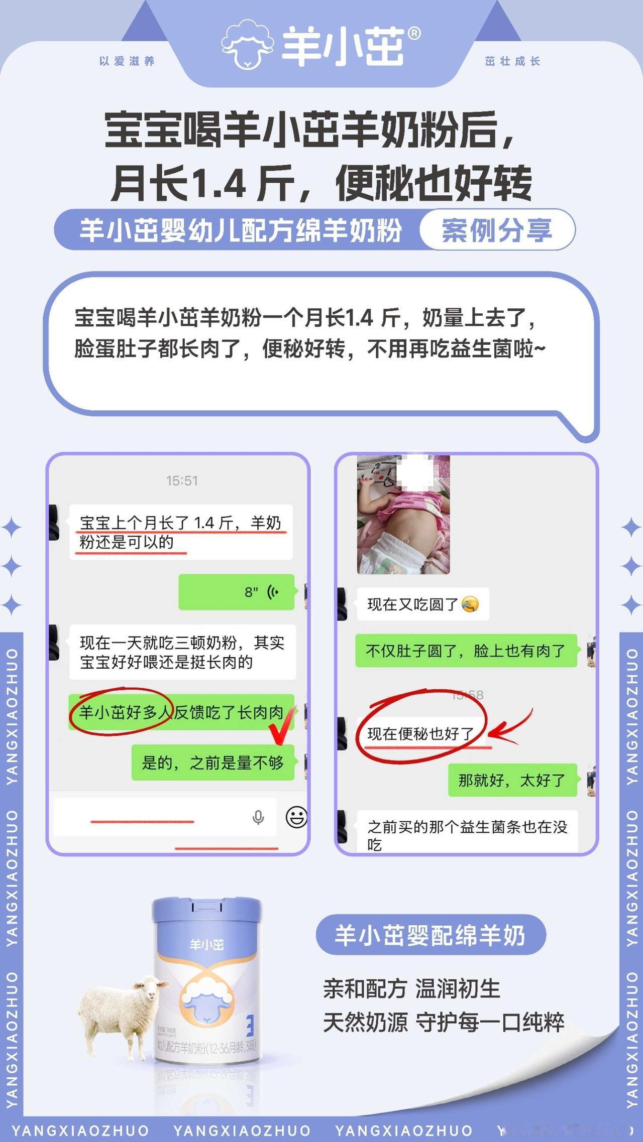 💁♀真实宝妈反馈：宝宝喝羊小茁绵羊奶月长1.4斤，
✨脸蛋肚子都长肉，便秘好转