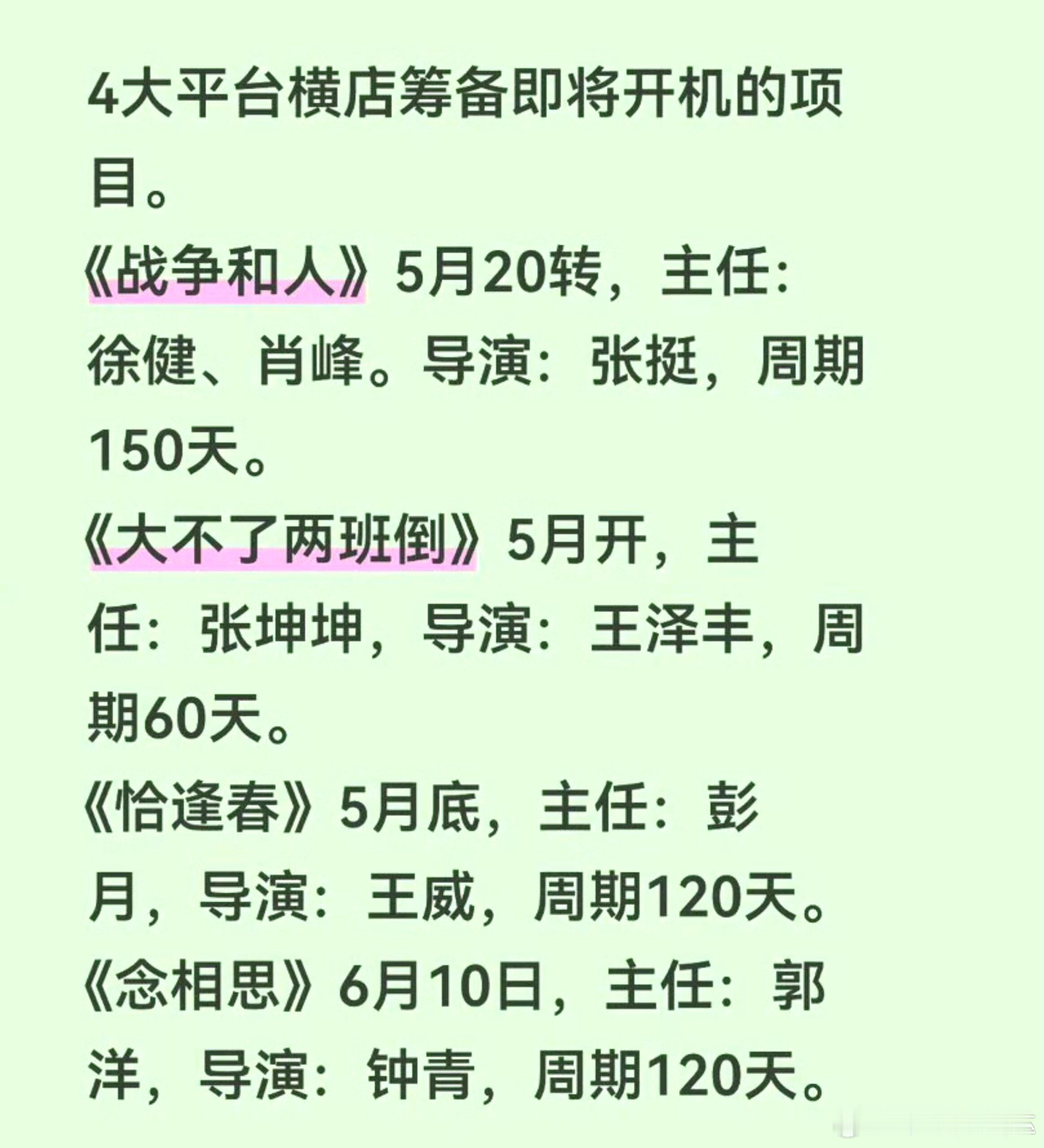 四大平台即将开机的项目 