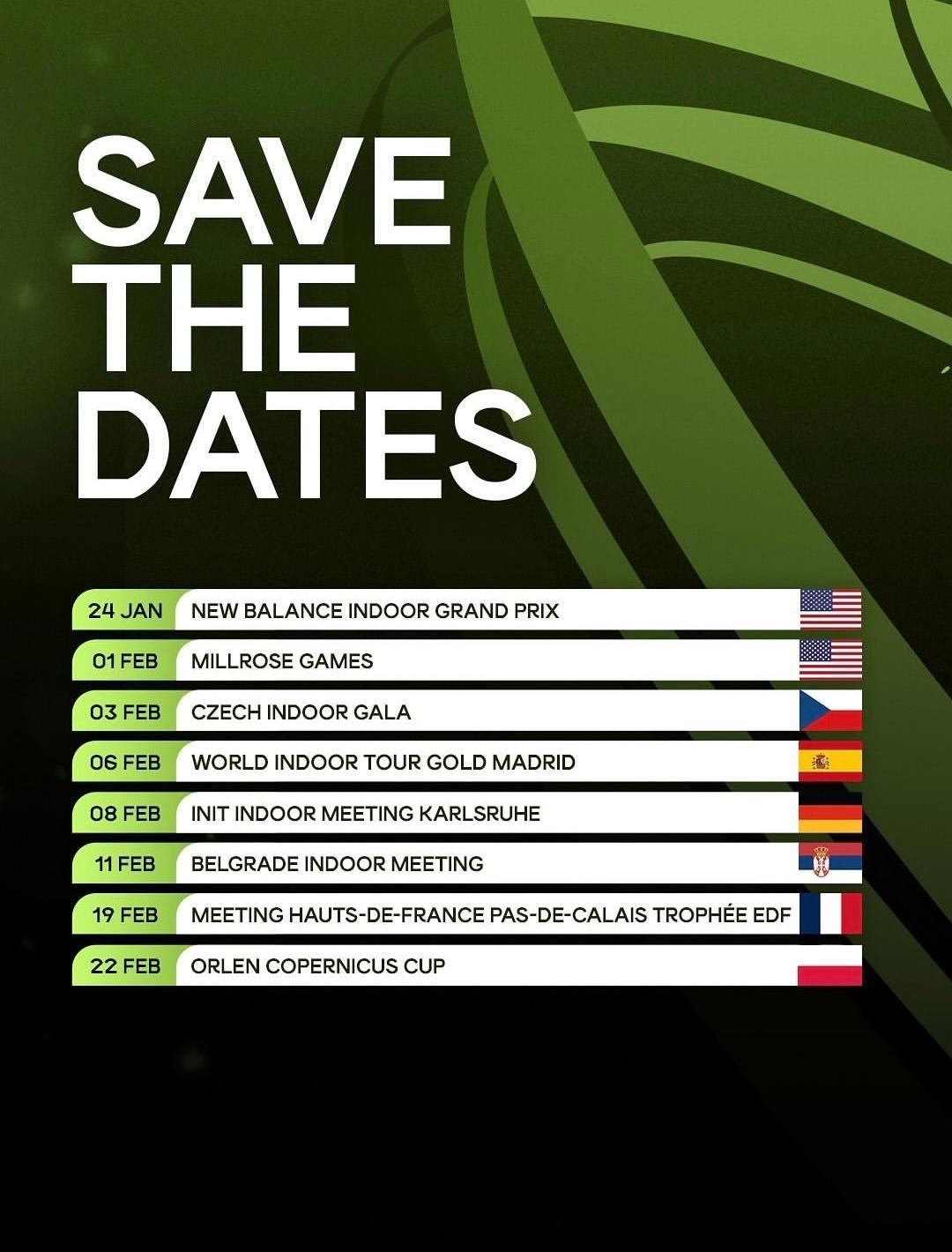 2026世界田联室内巡回赛 金标赛事赛程出炉，1月24-2月22日共8站田径说一