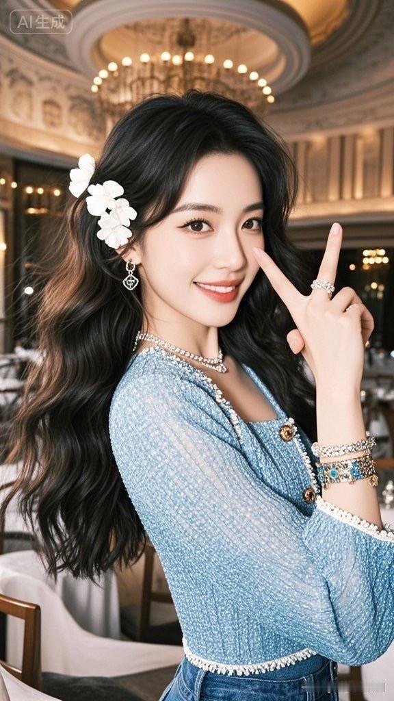 元气少女风，微笑比V，花环发饰，清新自然