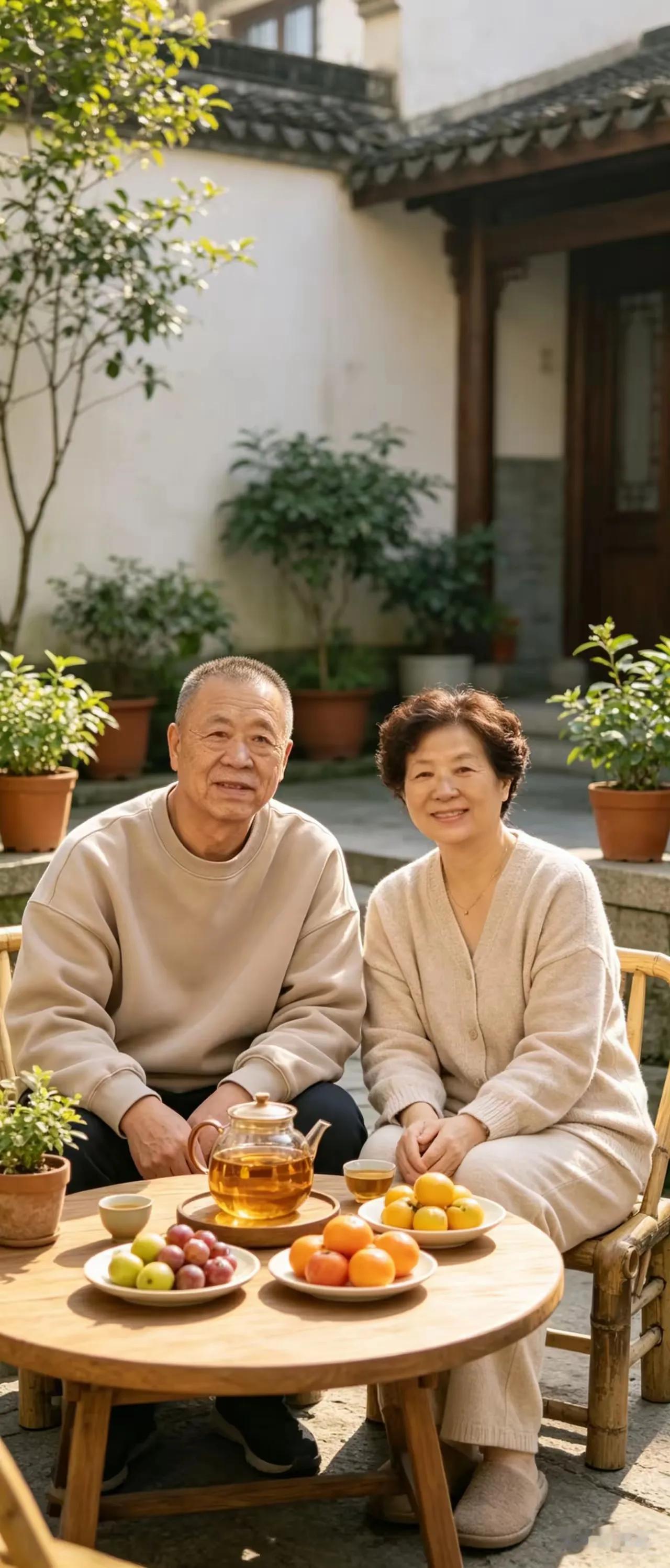 夫妻退休心情爽，
回家养老度时光。
荣华富贵不奢配，
平安喜乐心舒畅。