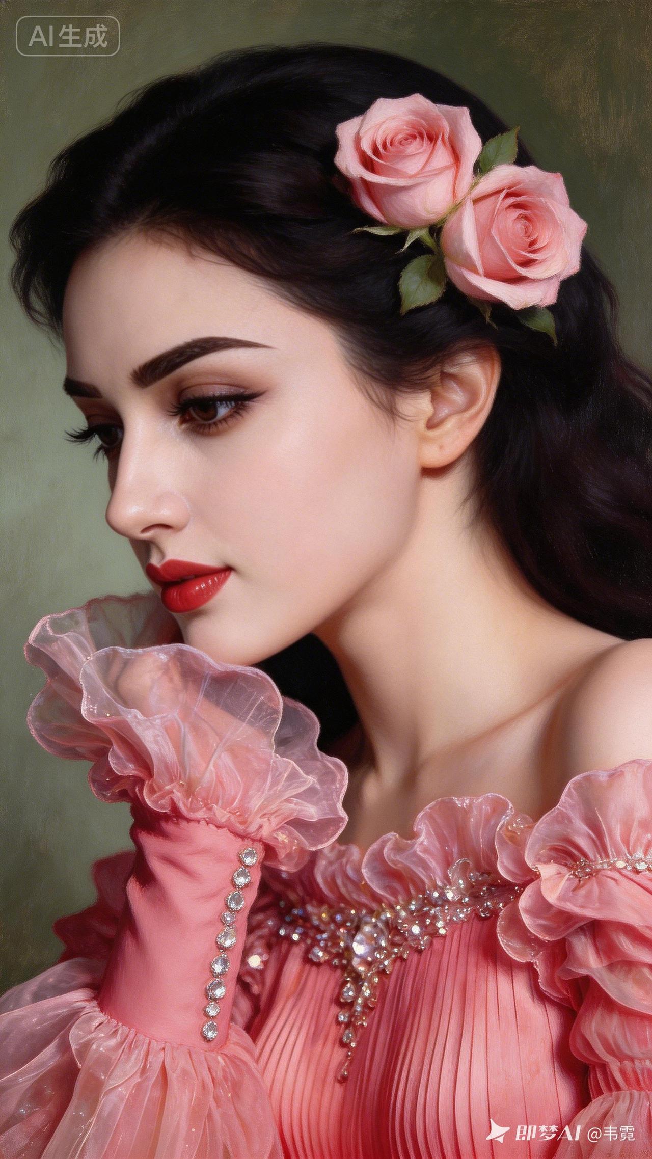 优雅玫瑰少女，粉色礼服与玫瑰相映成趣，尽显浪漫与甜美。