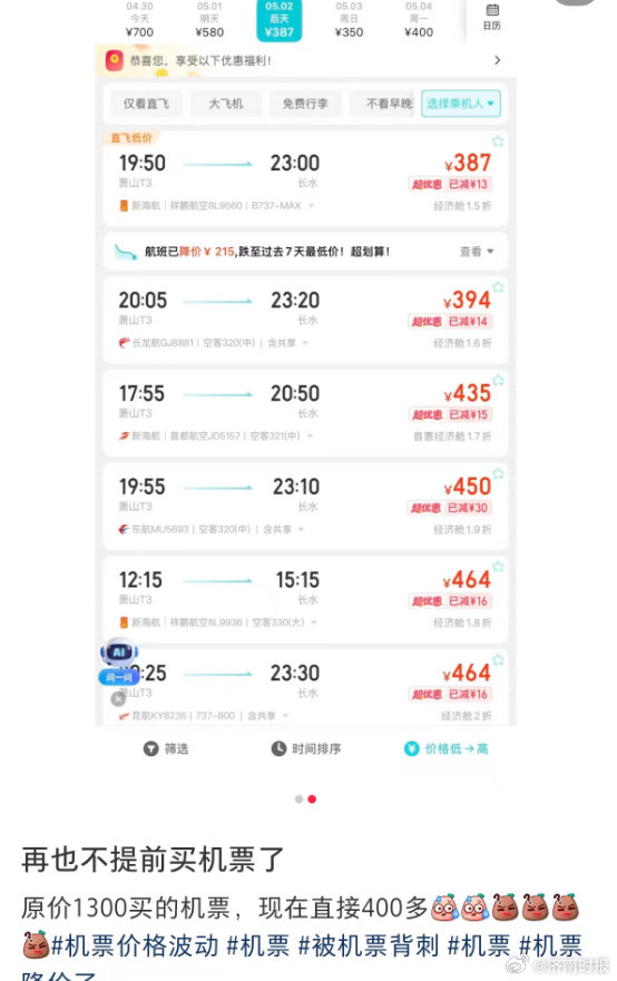 【#五一假期机票突然大跳水#】#机票提前买1300元假期买400元# 今年“五一