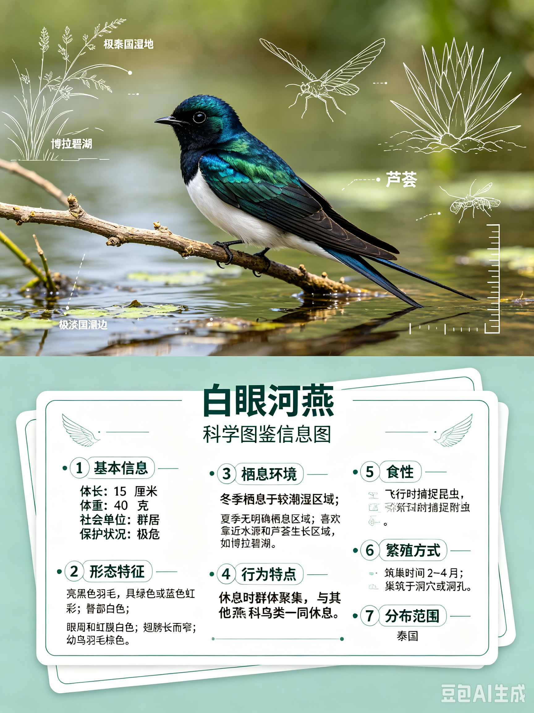 鸟类朋友图鉴  白眼河燕体长：15 厘米体重：40 克社会单位：群居保护状况：极