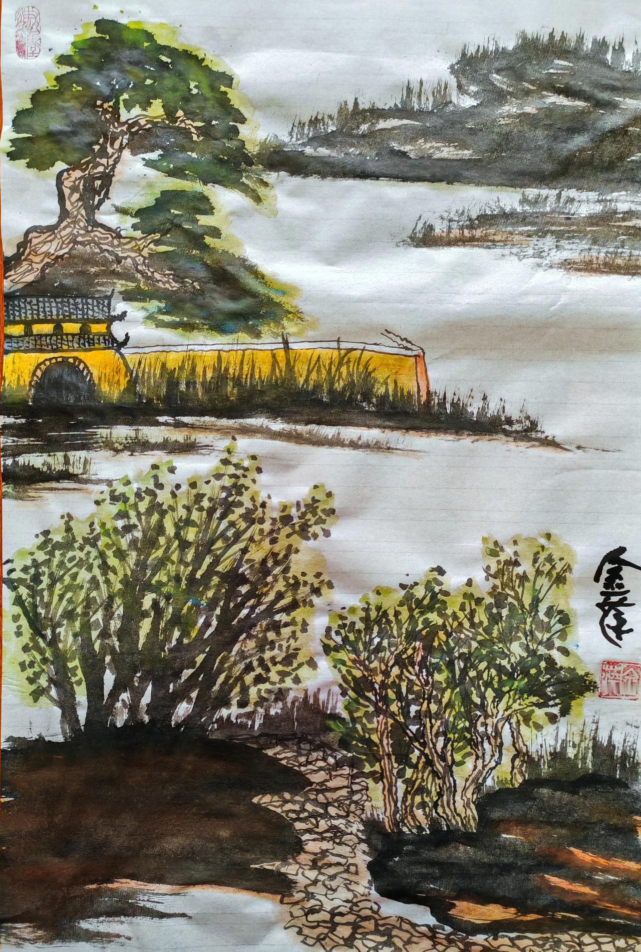 老树枯藤伴斜阳，
小桥流水云流觞，
人在天涯家在哪，
断肠只为没故乡。