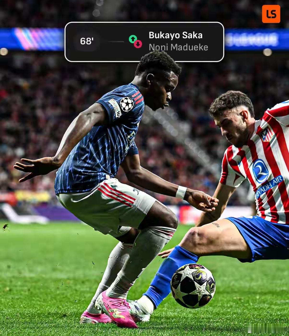 萨卡在阿森纳对阵马竞的比赛中完成了全场最高的成功过人次数……，而他只踢了22分钟