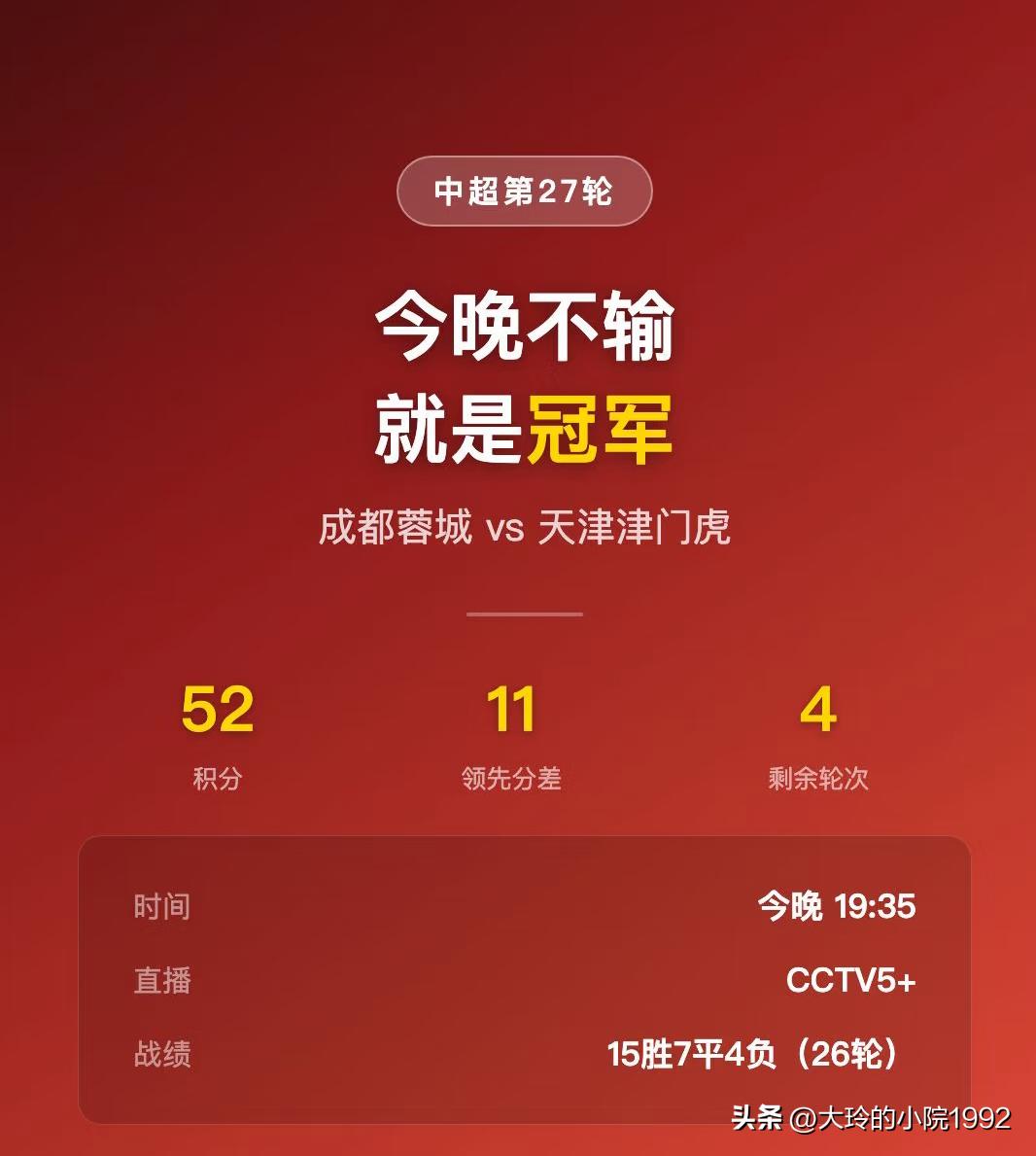 今晚不输就夺冠，蓉城稳吗
成都蓉城今晚主场打天津津门虎，19:35开球（CCTV
