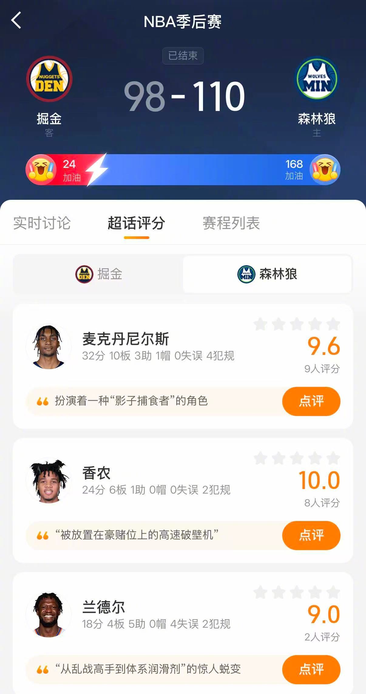 森林狼4比2淘汰掘金森林狼半决赛对阵马刺 森林狼110-98战胜掘金，4-2淘汰