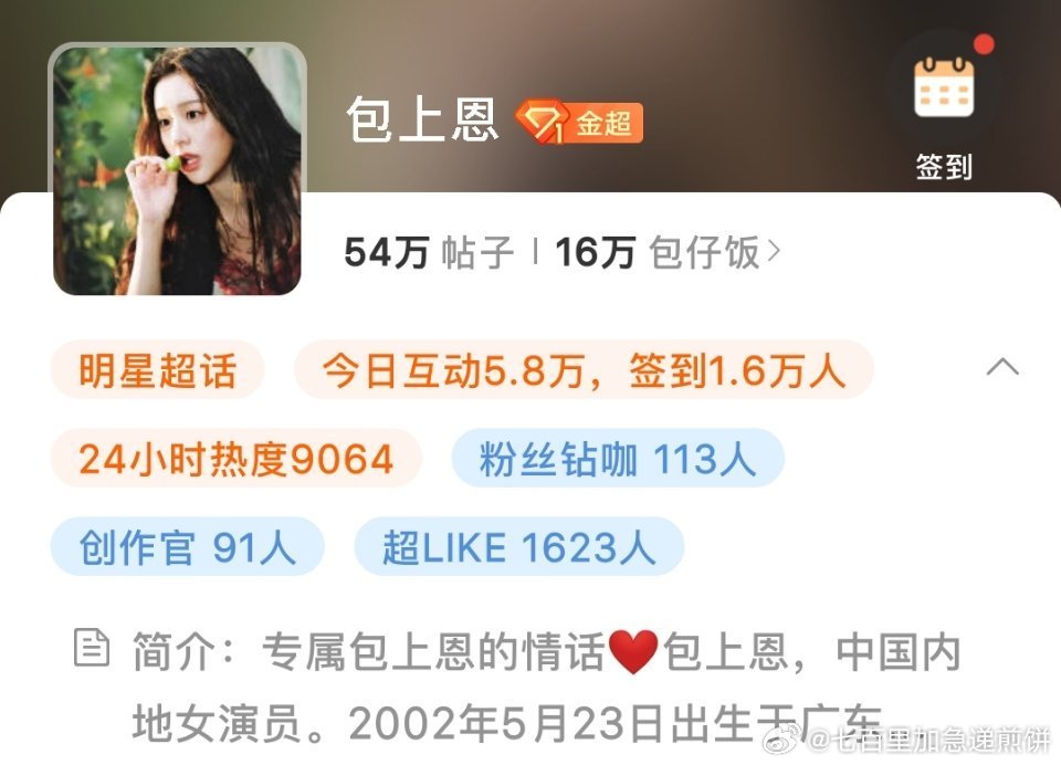 包上恩超话like人数破1600，00花第三位女明星 ​​​