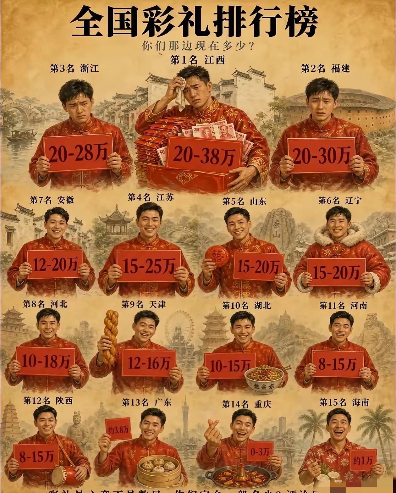 刷到这份全国彩礼排行榜，一眼就看到辽宁排在第6名，彩礼区间15-20万，作为辽宁