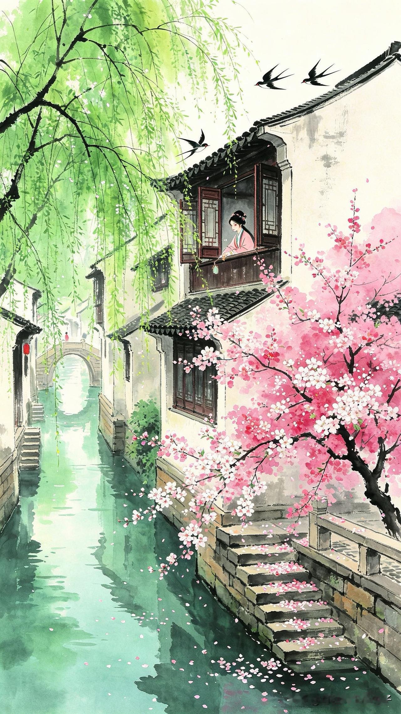 柳线垂波绿渐匀，
谁家新燕啄香尘。
推窗忽见胭脂雨，
     
…………请师友