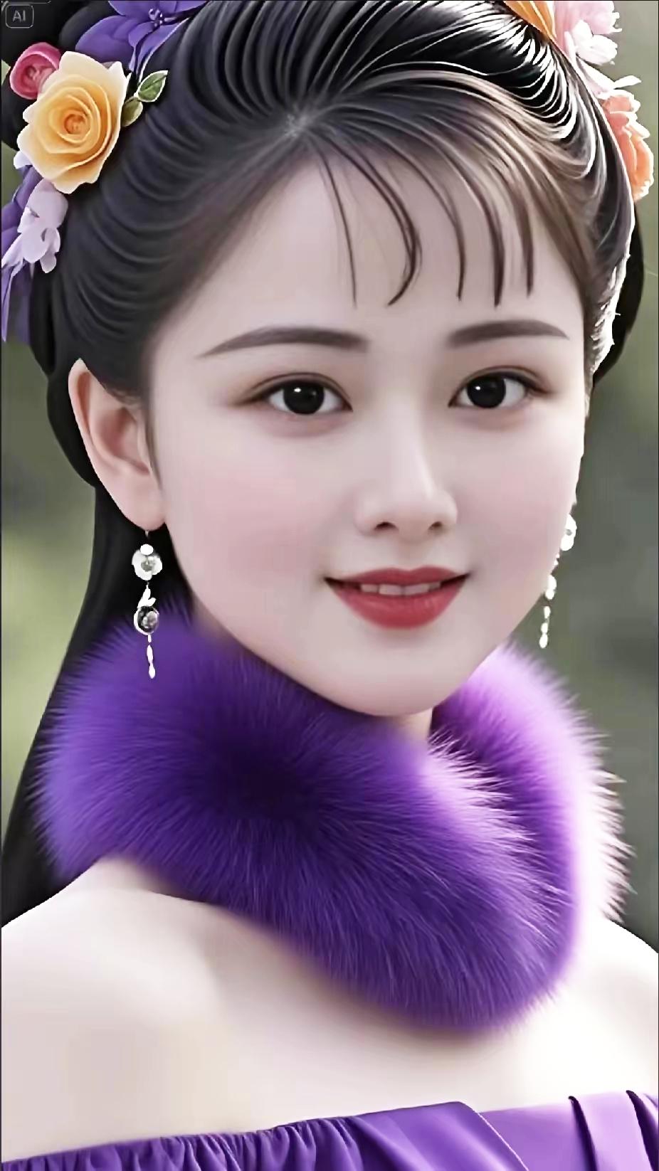 梦幻古风少女，紫衣华裳，花钿点缀，温婉动人。