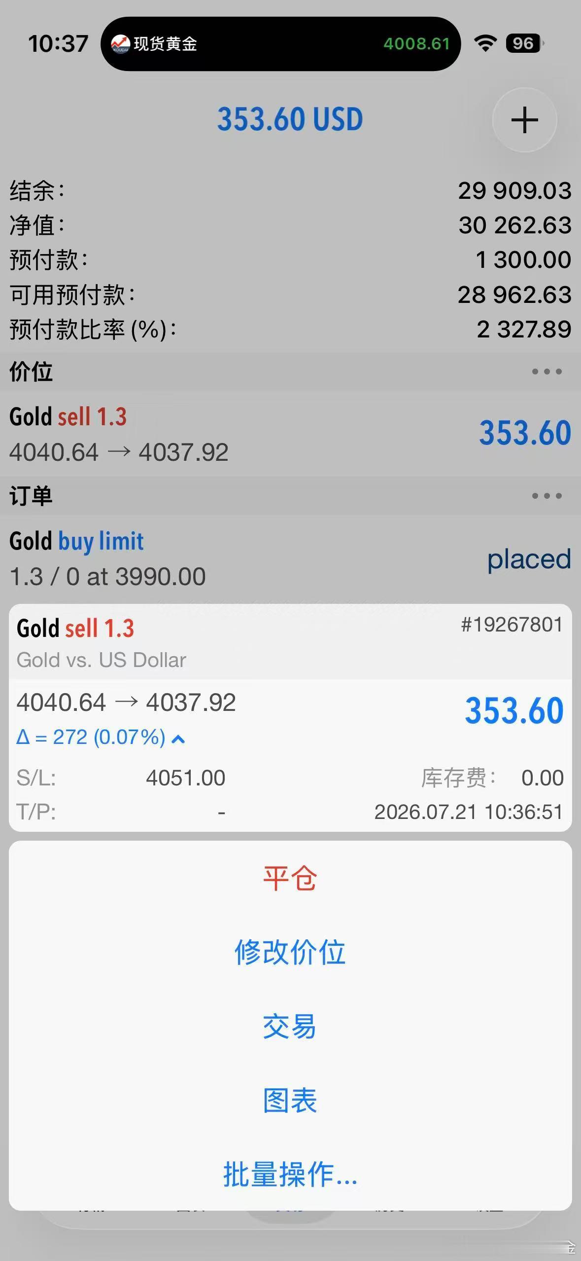 外汇黄金 上个31的单子被扫了！40位置继续接回来！损放4051位置 