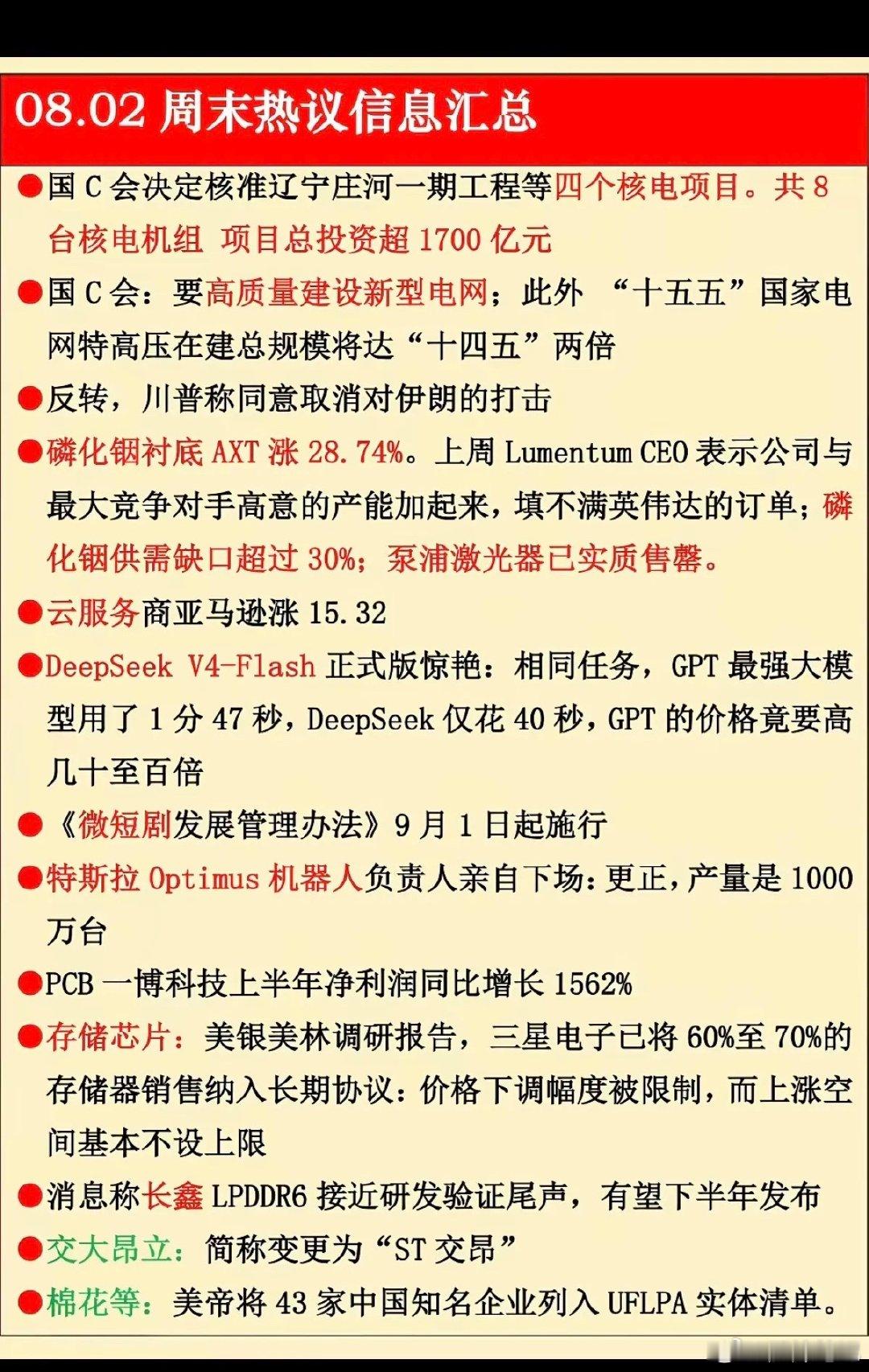 8.02周日  晚间：财经热点信息参考！1.核电核能2.磷化铟衬底3.云服务4.
