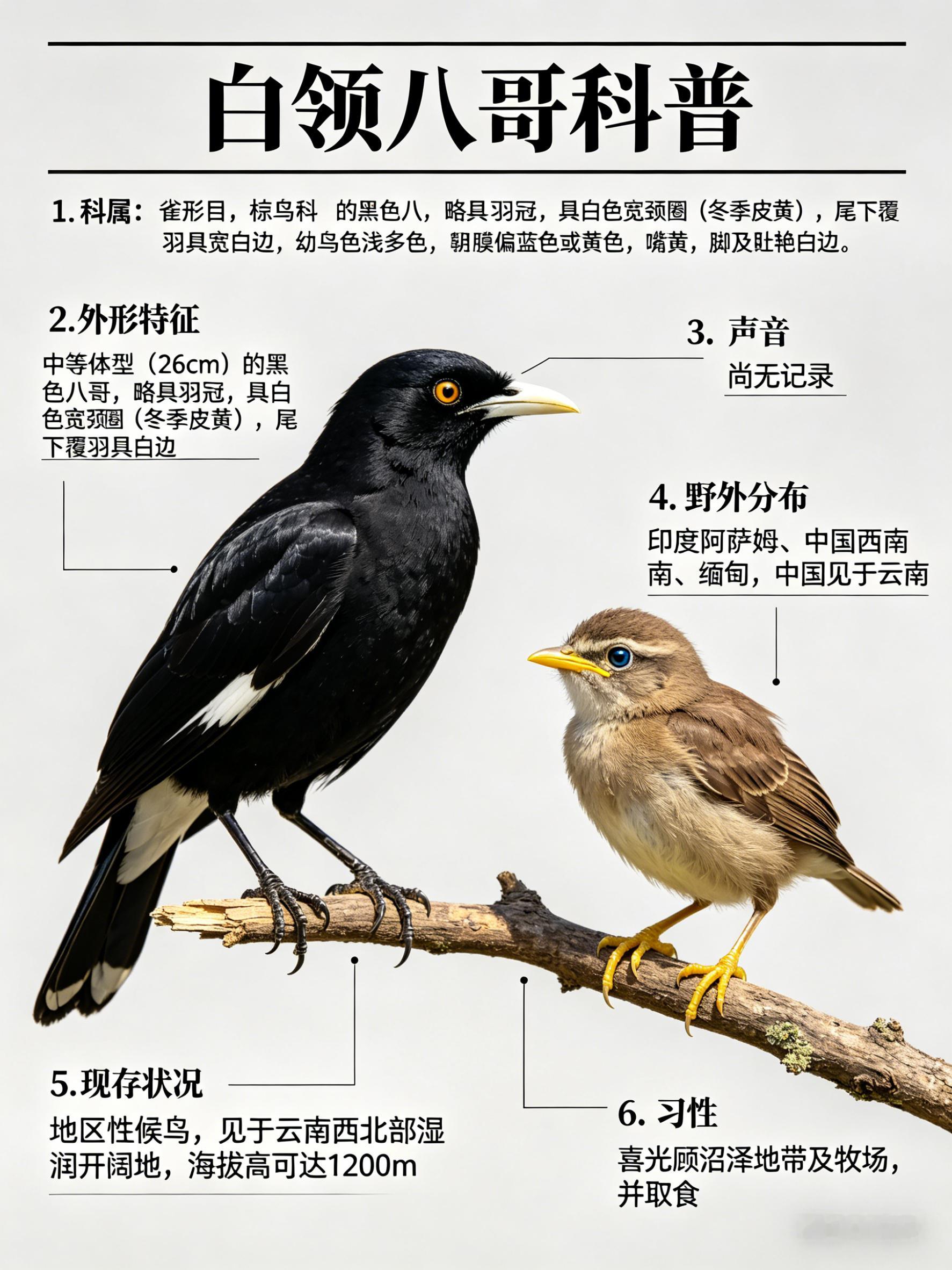 鸟类朋友图鉴 白领八哥·科属：雀形目，椋鸟科。·外形特征：中等体型（26cm）的