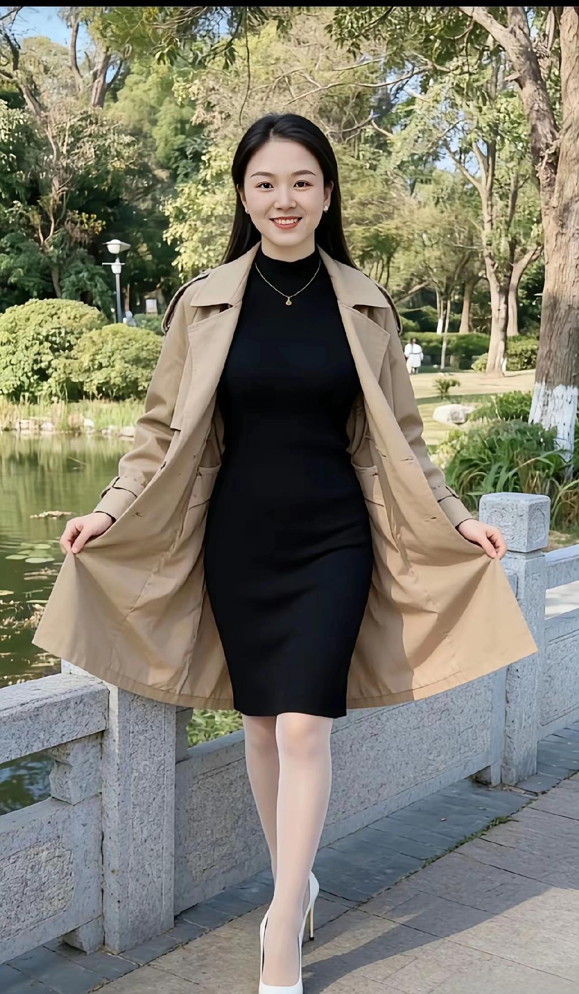 优雅都市风穿搭，黑色连衣裙搭配米色风衣，自信满满！什么样的穿搭可以成为气质女神?