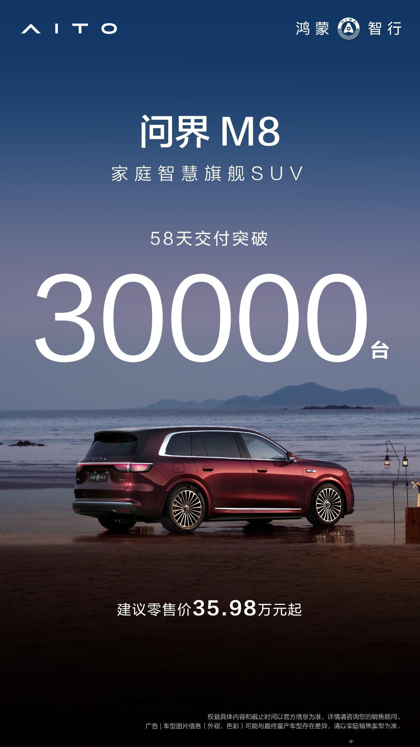  问界M8 58天交付已突破30000台！当之无愧成为当之无愧的40万级销冠，是
