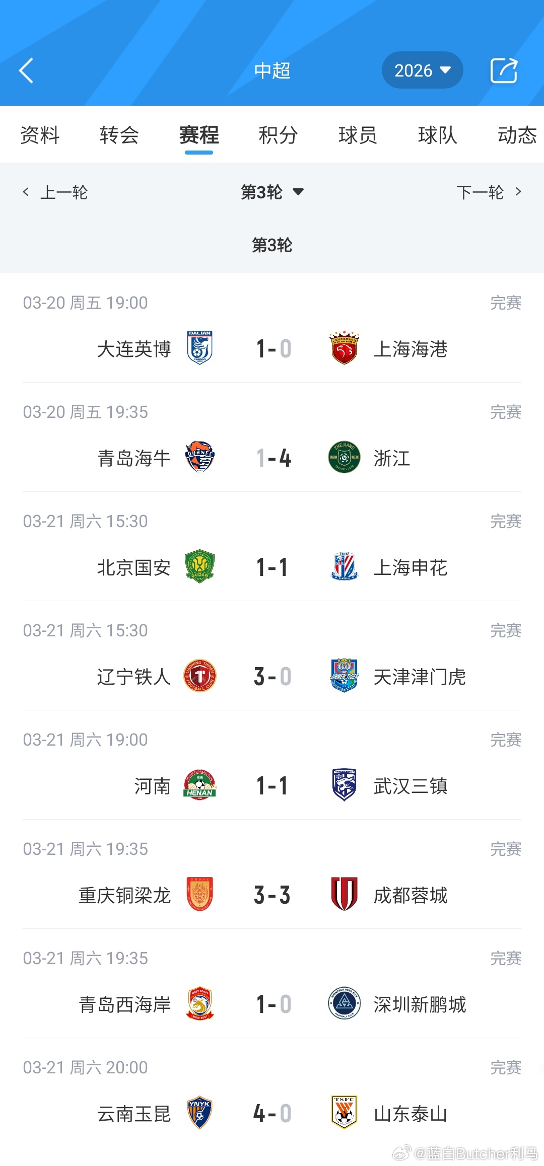 6队仍负分！中超积分榜：3支西南队前3 泰山0分第10 津门虎负9分03月21日