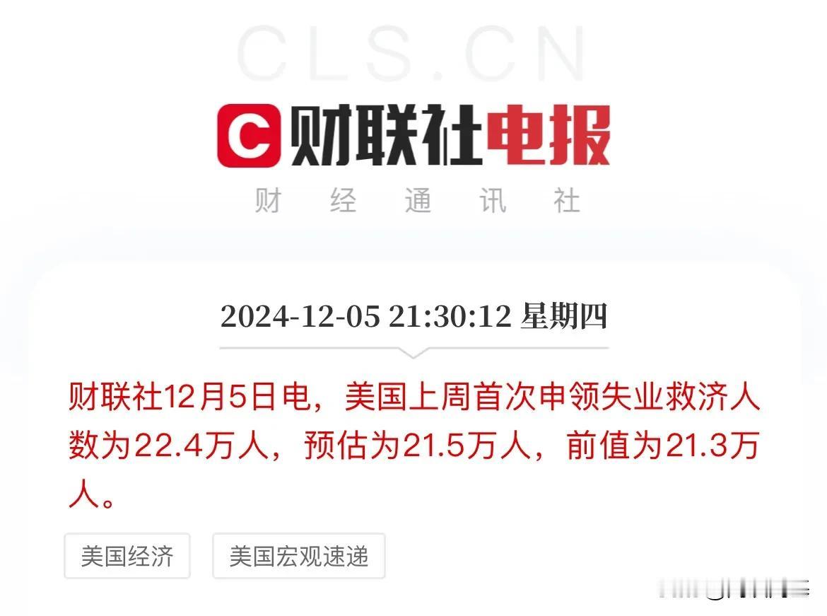 重磅数据出炉！

美股上周首次申领失业金救济人数超市场预期，

市场预估21.5