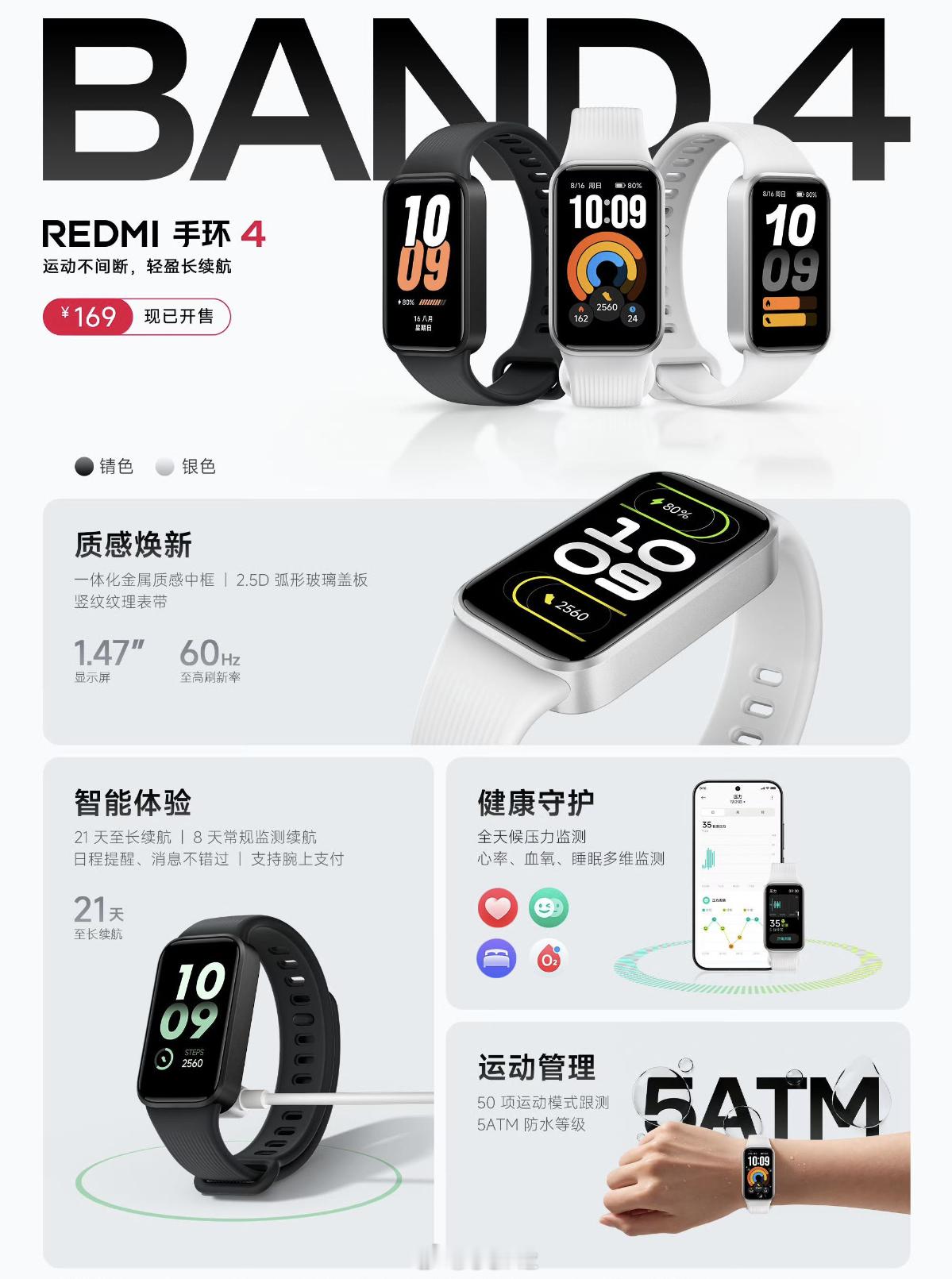 红米手环居然还能出 4 啊，售价 169 元，金属质感边框，感觉性价比不如旧款小