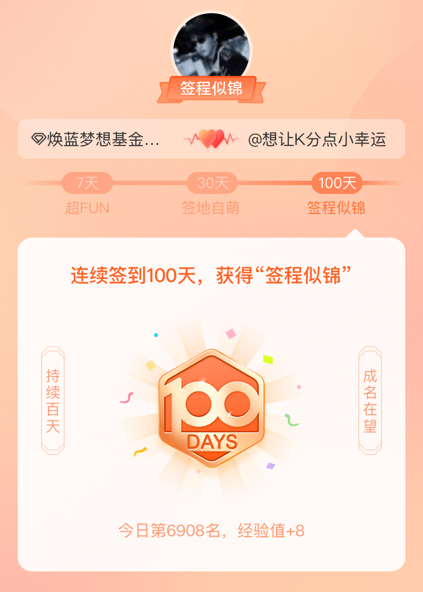 焕蓝梦想基金我在焕蓝梦想基金连续签到100天，获得了“签程似锦”头衔。心中有光，