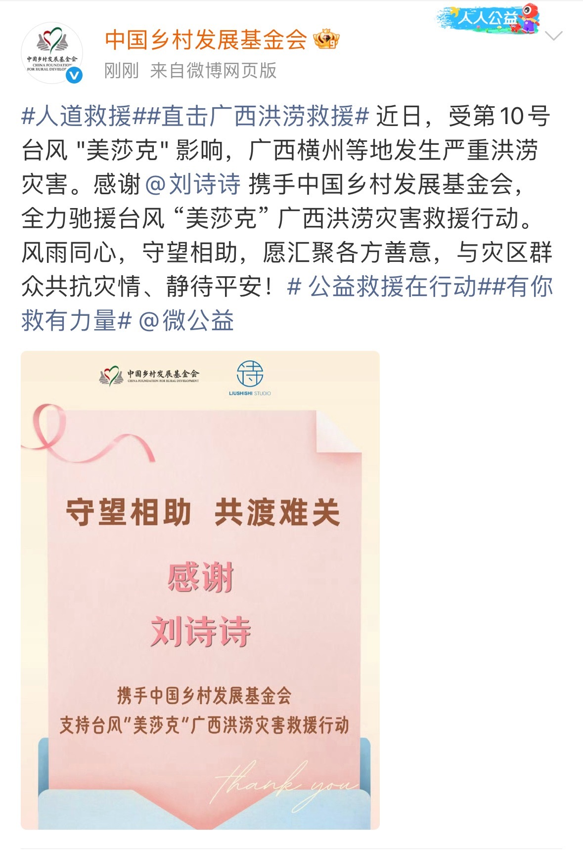 刘诗诗携手乡村基金会驰援广西洪灾姐姐一直在默默做公益广西加油⛽️ 