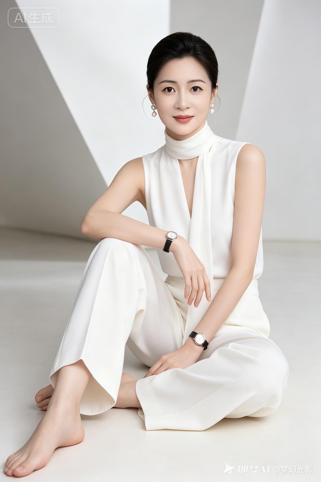 高挑女子，乌发梳得利落规整，珍珠耳饰配银表，白无袖高领飘带上衣搭同色阔腿裤，赤脚