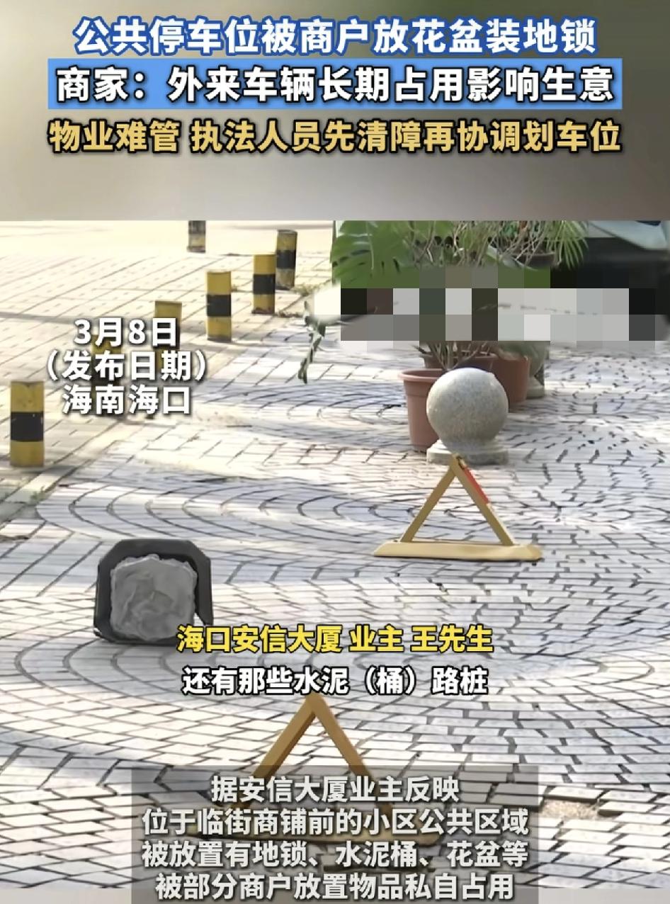 海南海口一商业大厦门口不少业主安装了地锁和水泥墩子，还有花盆，业主们称，店铺门前