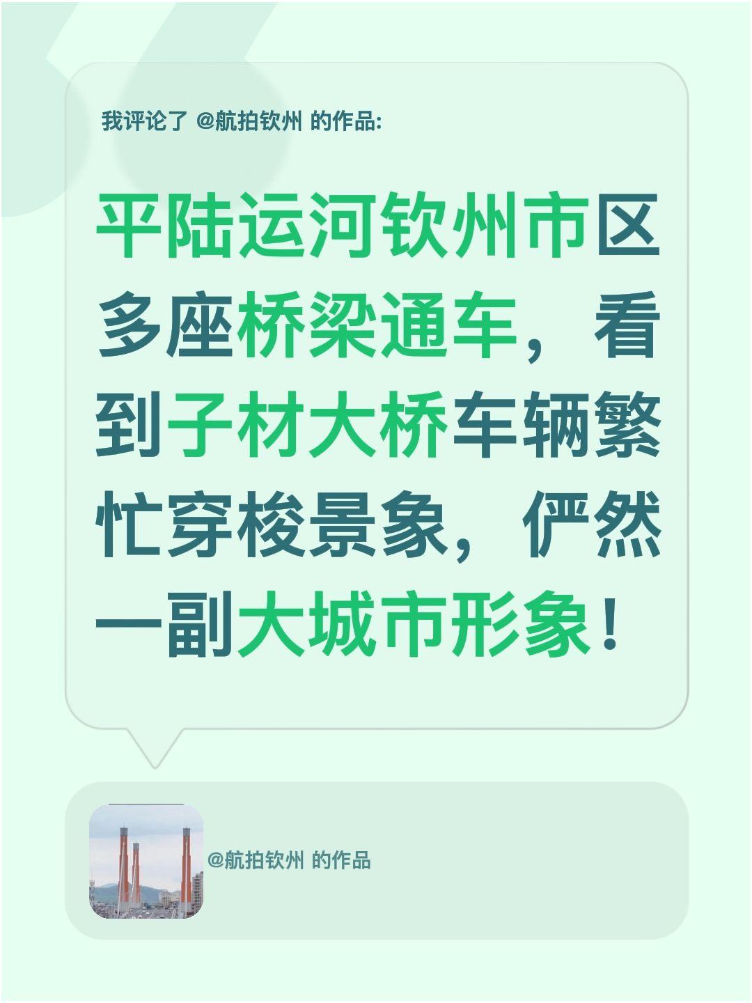 我评论了@航拍钦州 的作品：
平陆运河钦州市区多座桥梁通车，看到子材大桥车辆繁忙