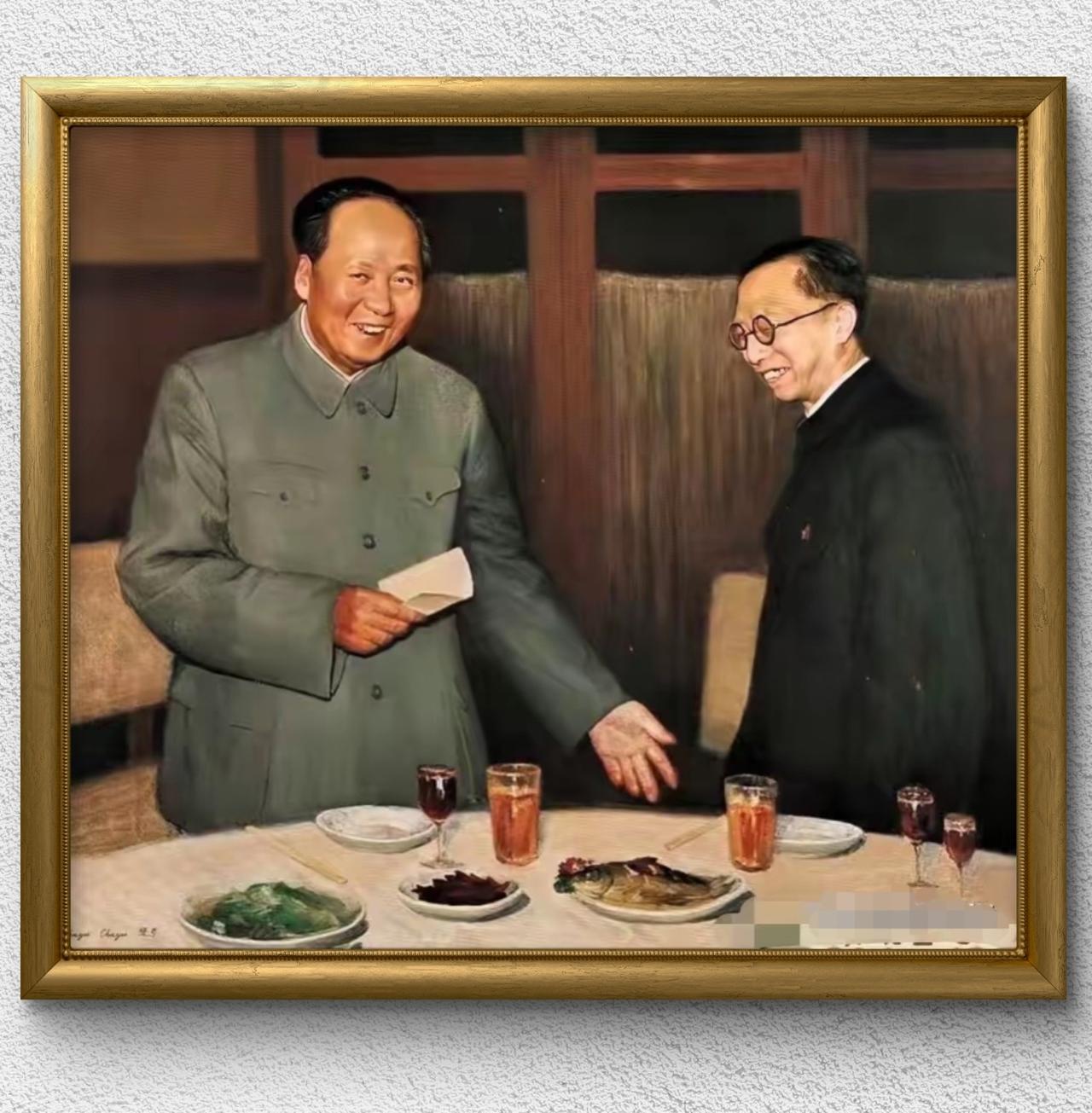 这是一幅油画创作，描绘的是1962年春节，毛泽东主席在北京中南海宴请清末代皇帝溥
