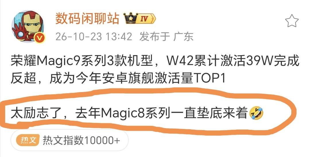 荣耀Magic8一直垫底，荣耀Magic9成功拿下TOP1
站哥对荣耀Magic