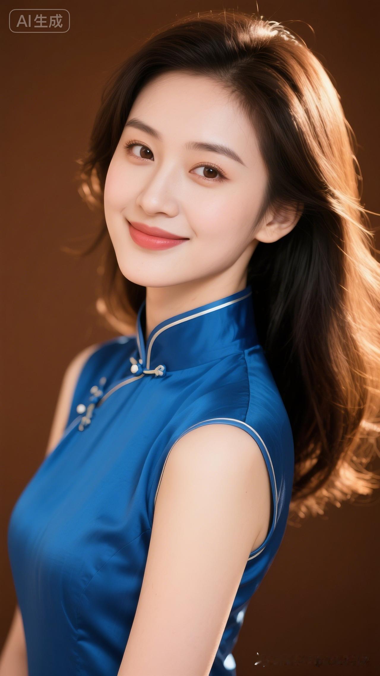 绝色美人着蓝色时尚旗袍，肤白细腻光滑，体态柔美，温馨浪漫，灵动又迷人。