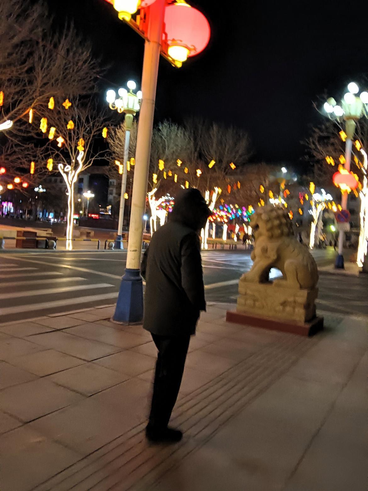 夜晚漫步街头，灯火阑珊，石狮守护，静谧而温馨。