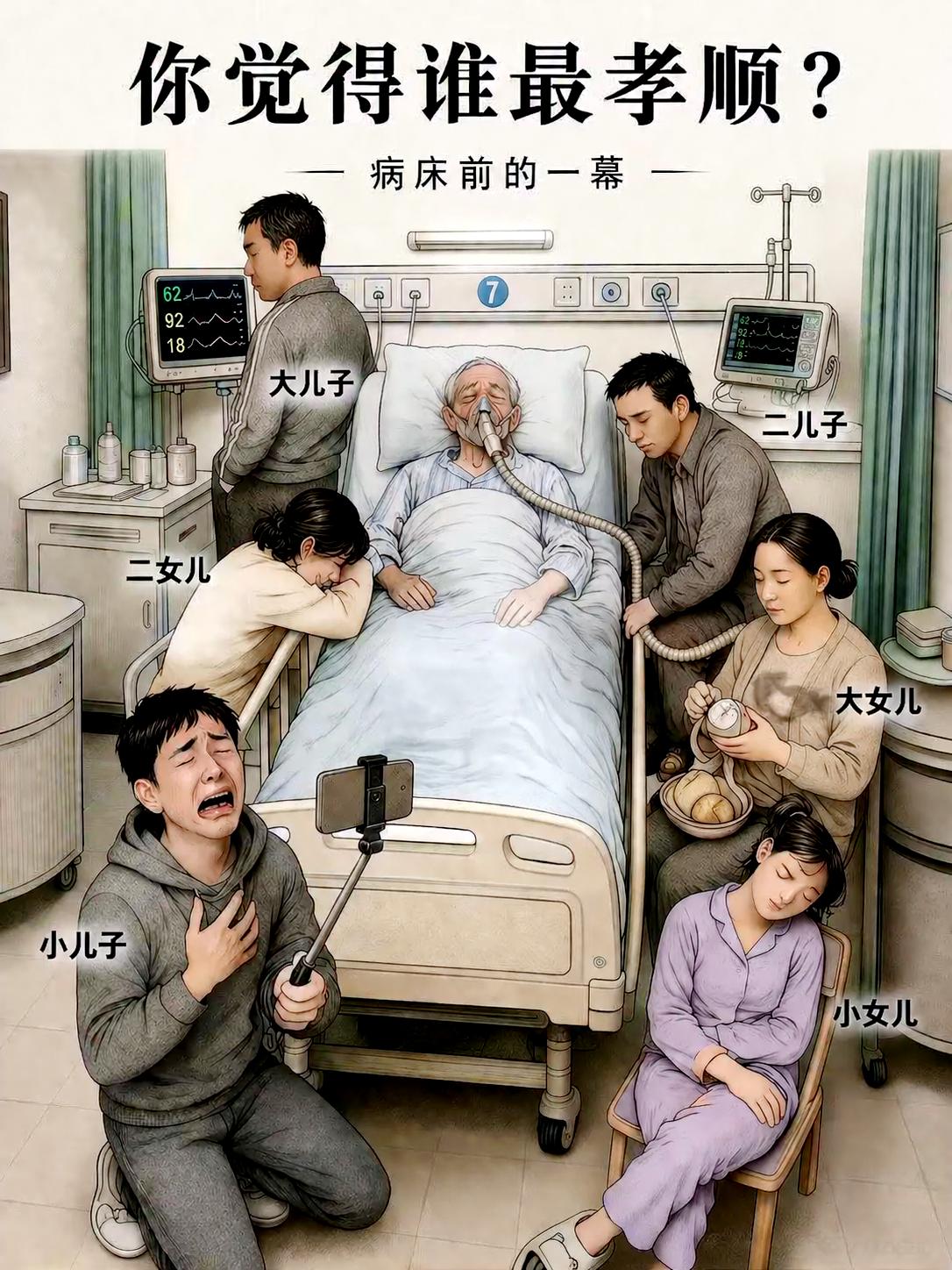 病床前的一幕：谁才是真正的孝顺？

一张病房里的画面，引发无数人的思考。

父亲